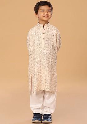 Beige Embroidered Blended Kurta Set For Boys
