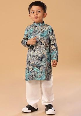 Blue Floral Blended Kurta Set For Boys