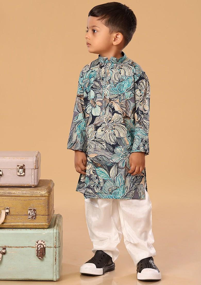 Blue Floral Blended Kurta Set For Boys - Indya