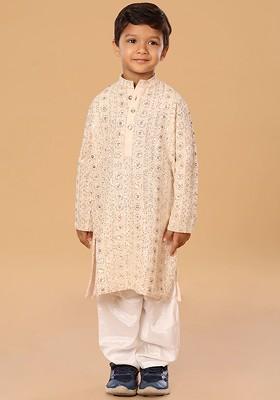 Peach Embroidered Blended Kurta Set For Boys