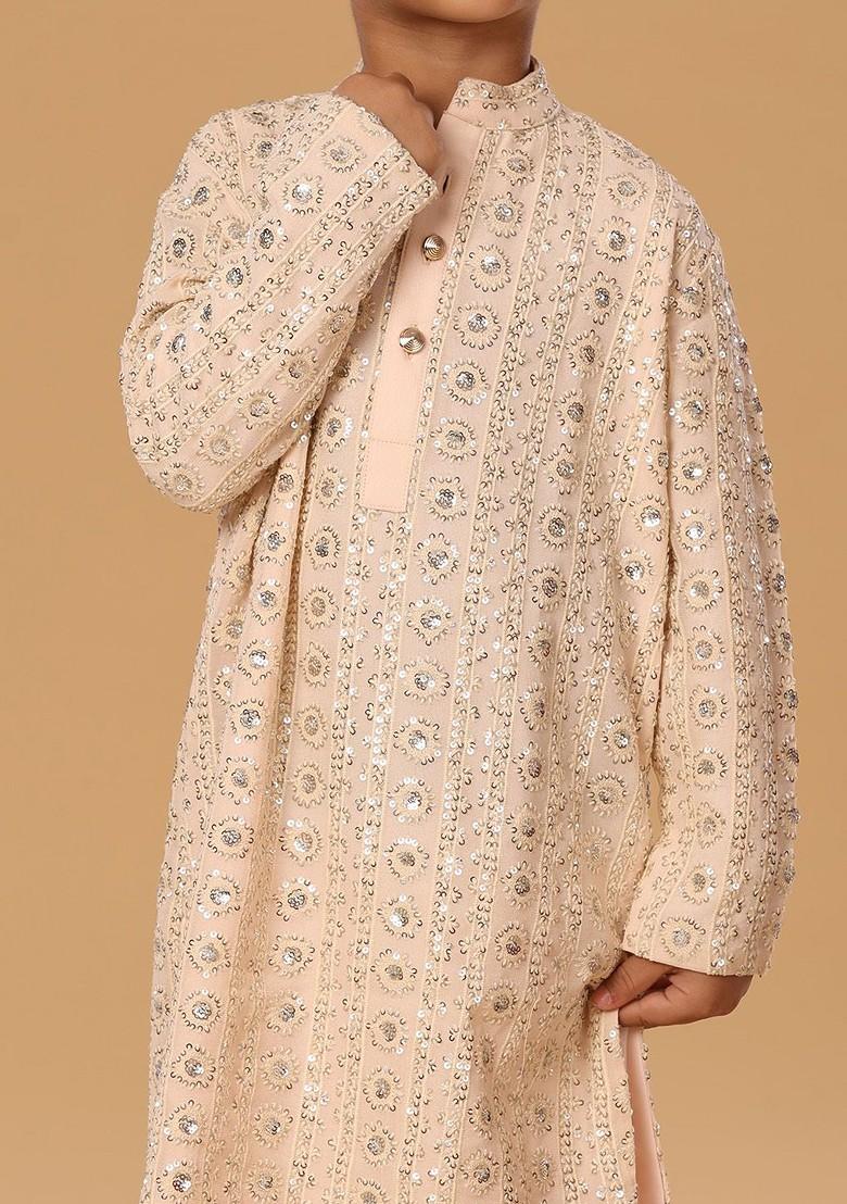 Peach Embroidered Blended Kurta Set For Boys - Indya