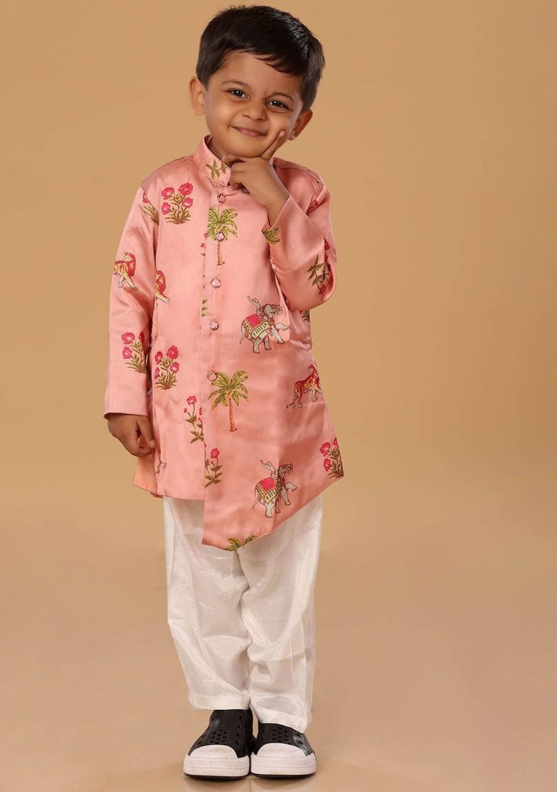 Pink Printed Blended Kurta Set For Boys - Indya