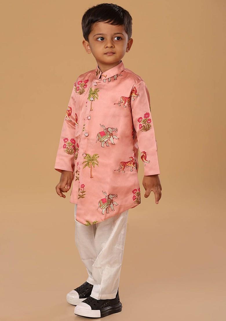 Pink Printed Blended Kurta Set For Boys - Indya