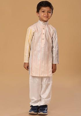 Peach Embroidered Blended Kurta Set For Boys