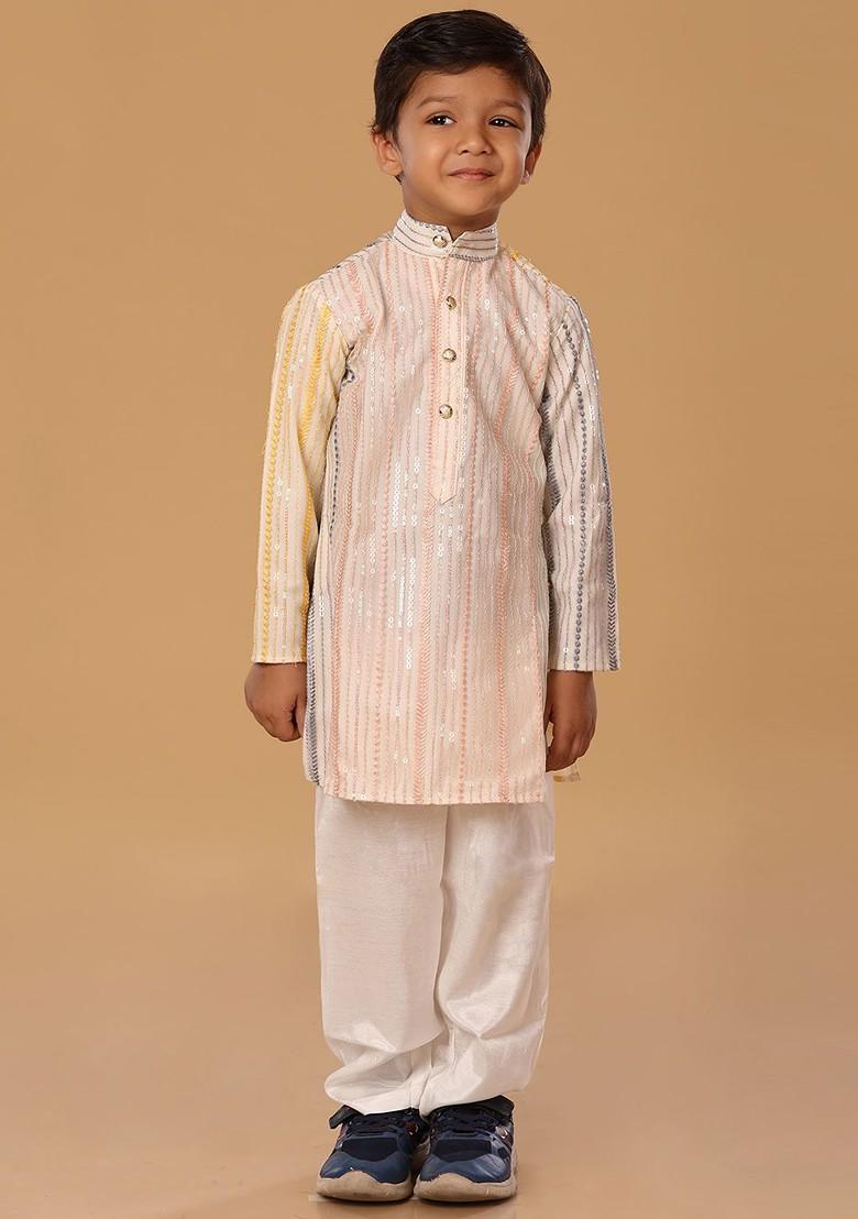 Peach Embroidered Blended Kurta Set For Boys - Indya