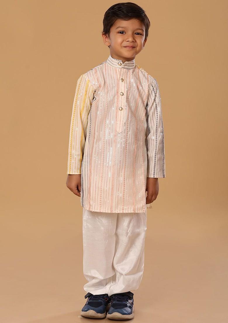 Peach Embroidered Blended Kurta Set For Boys - Indya