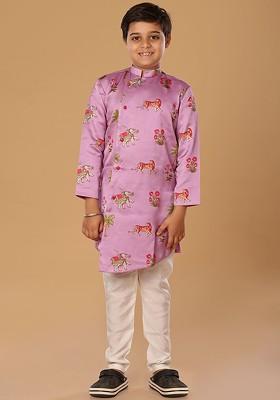 Pink Embroidered Blended Kurta Set For Boys
