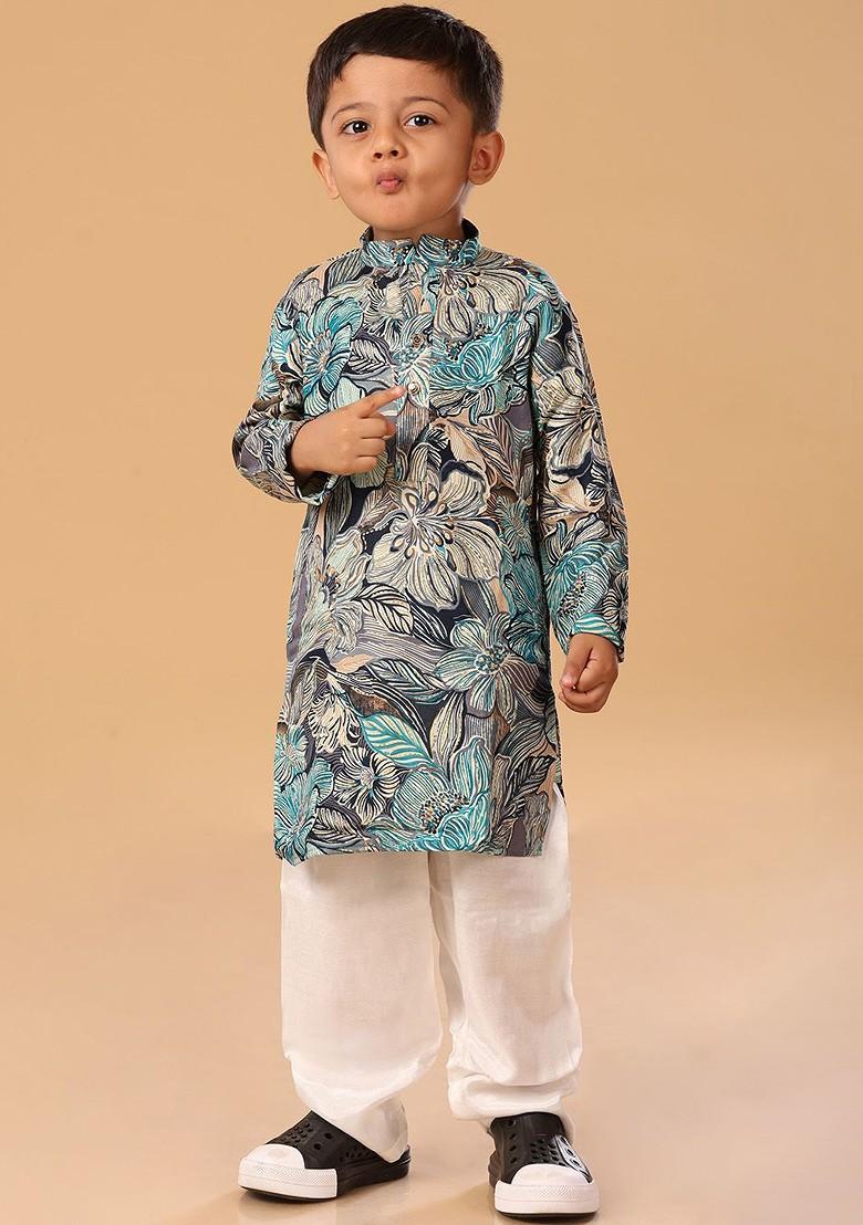 Blue Floral Blended Kurta Set For Boys - Indya