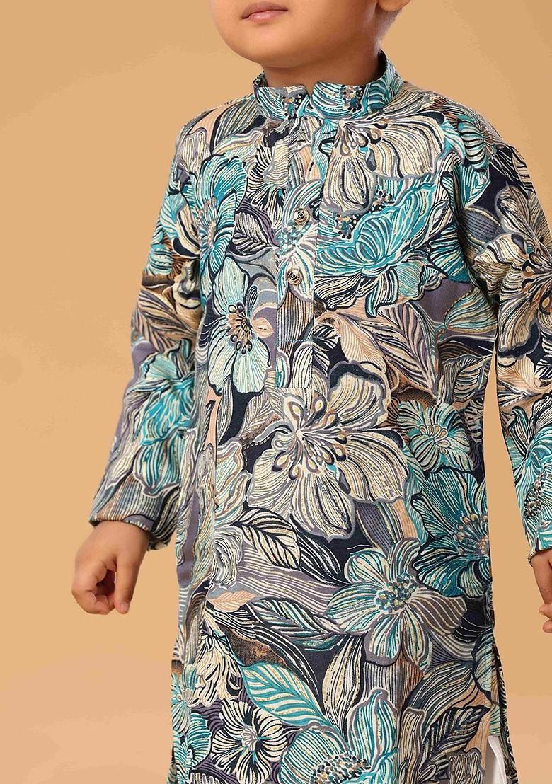 Blue Floral Blended Kurta Set For Boys - Indya