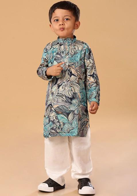 Blue Floral Blended Kurta Set For Boys — view on Indya
