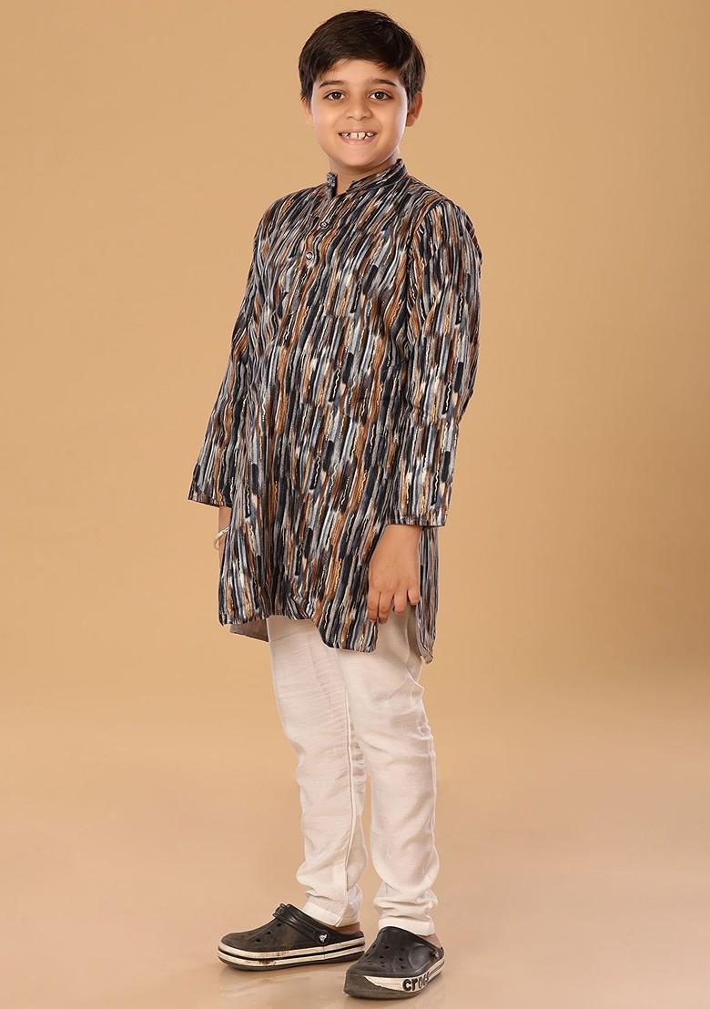 Brown Embroidered Blended Kurta Set For Boys - Indya
