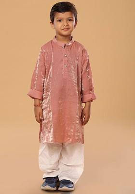 Peach Embroidered Blended Kurta Set For Boys