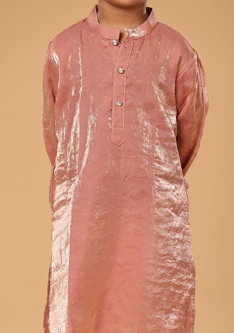 Peach Embroidered Blended Kurta Set For Boys - Indya