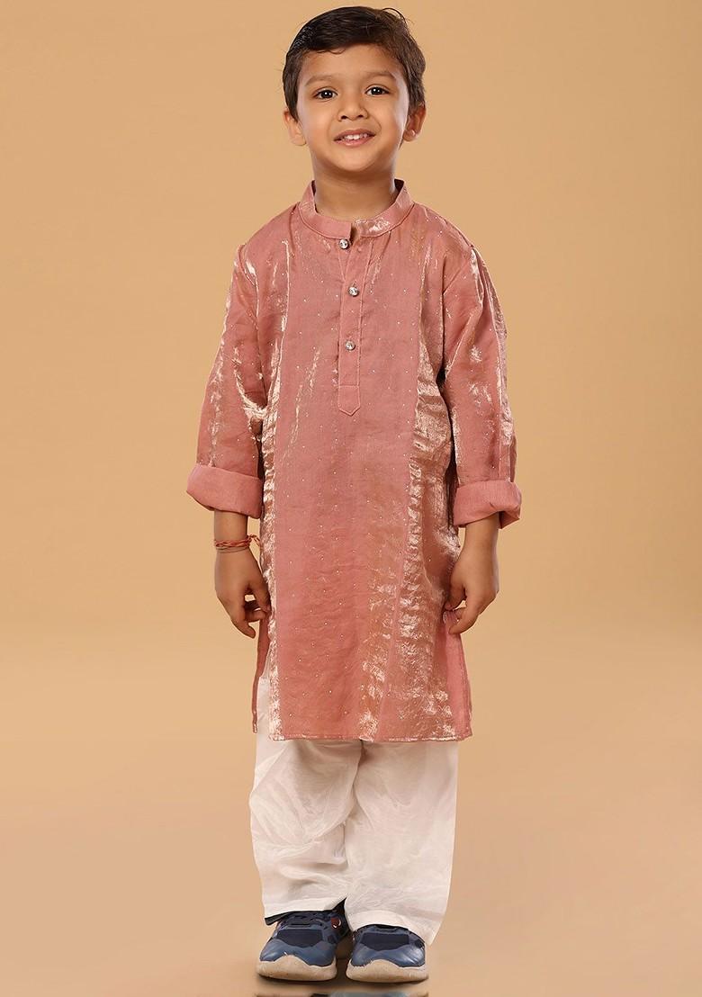 Peach Embroidered Blended Kurta Set For Boys - Indya