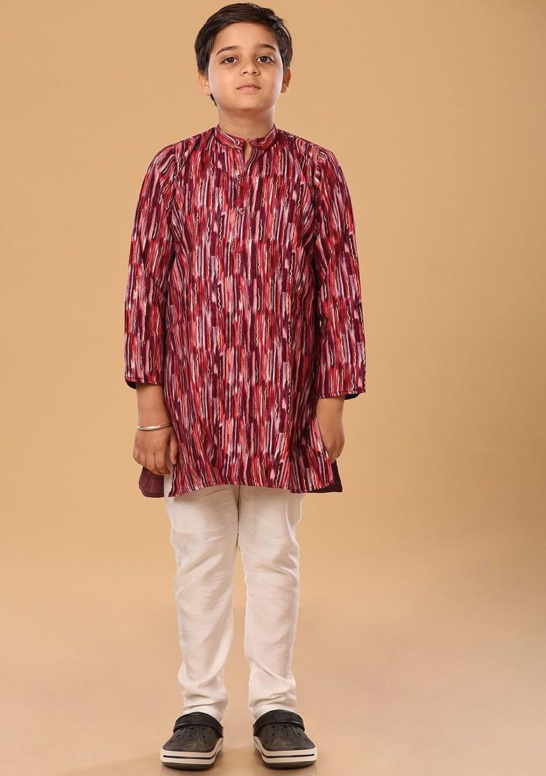 Purple Embroidered Blended Kurta Set For Boys - Indya