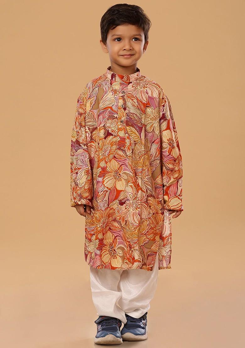 Orange Floral Blended Kurta Set For Boys - Indya