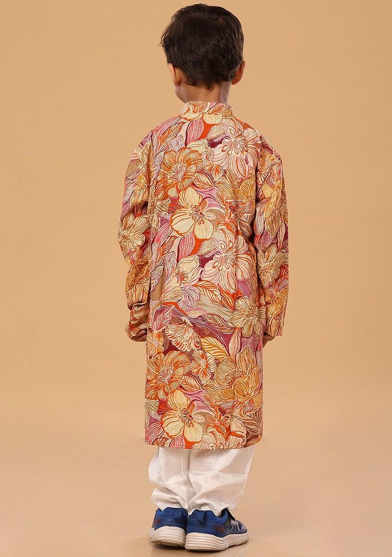 Orange Floral Blended Kurta Set For Boys - Indya