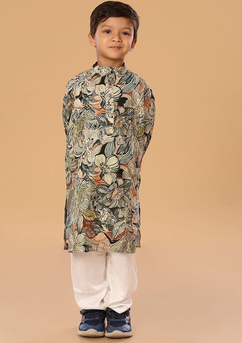 Green Floral Blended Kurta Set For Boys - Indya