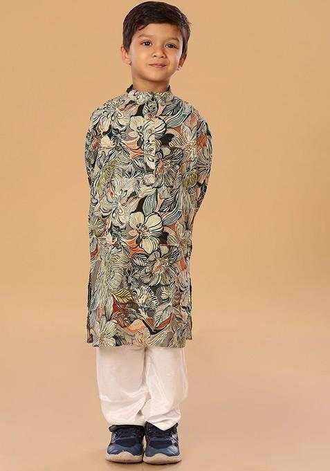 Green Floral Blended Kurta Set For Boys — view on Indya