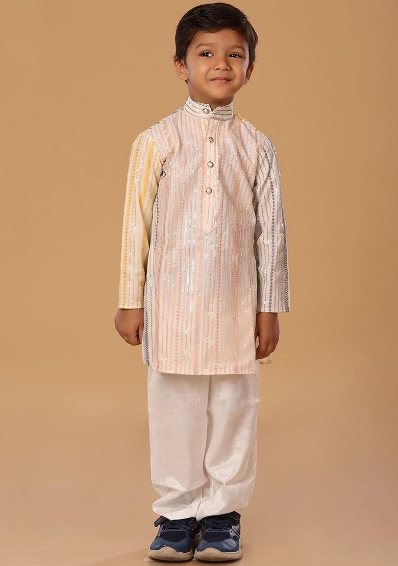 Peach Embroidered Blended Kurta Set For Boys - Indya