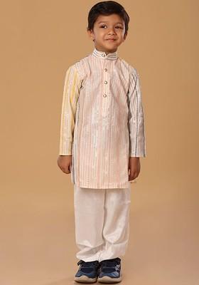 Yellow Embroidered Blended Kurta Set For Boys
