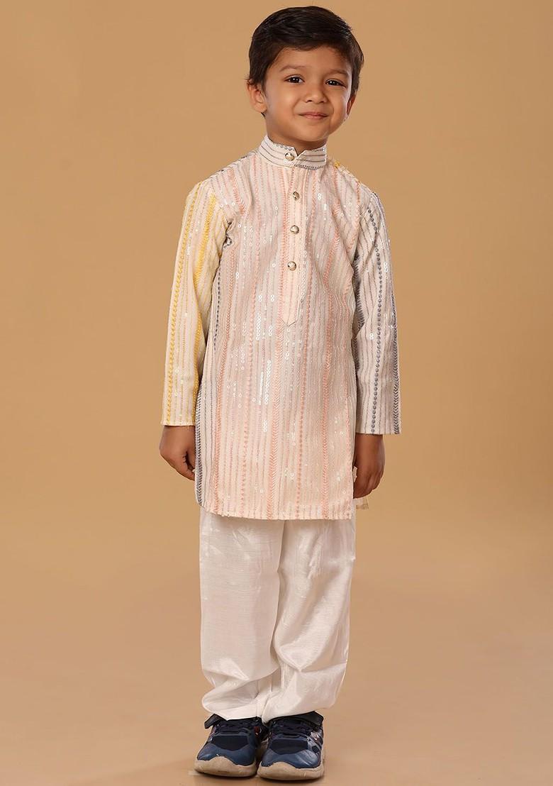 Yellow Embroidered Blended Kurta Set For Boys - Indya