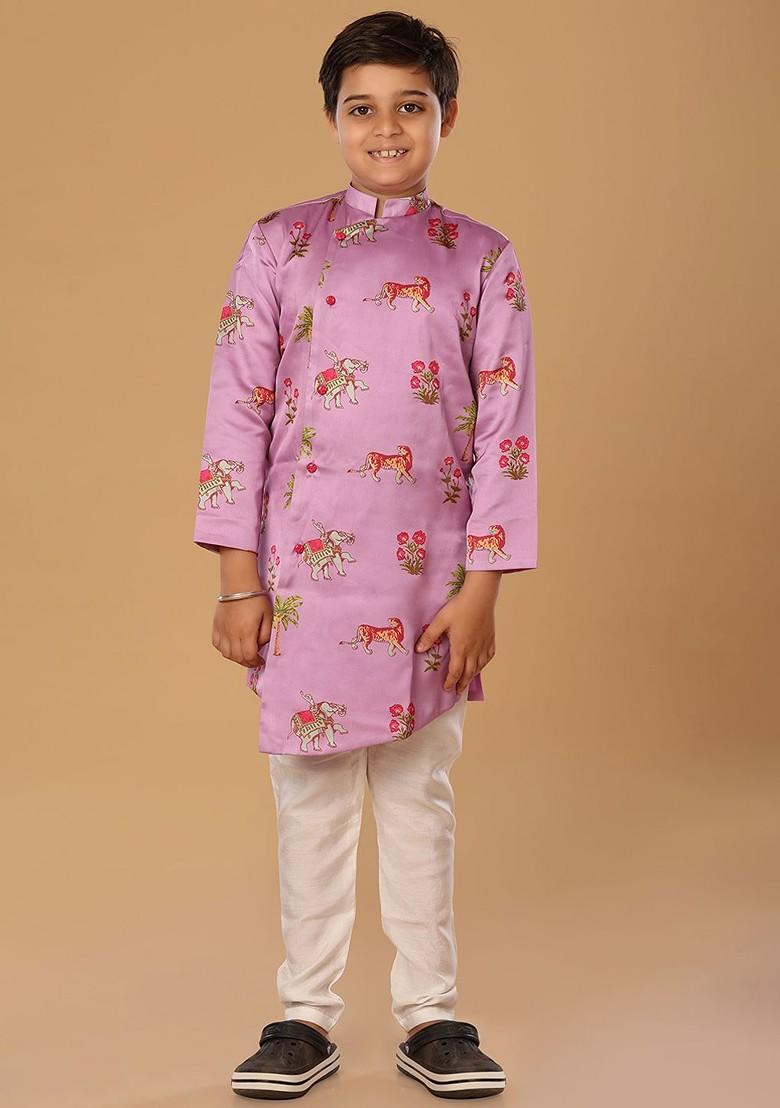 Pink Printed Blended Kurta Set For Boys - Indya