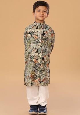 Green Floral Blended Kurta Set For Boys
