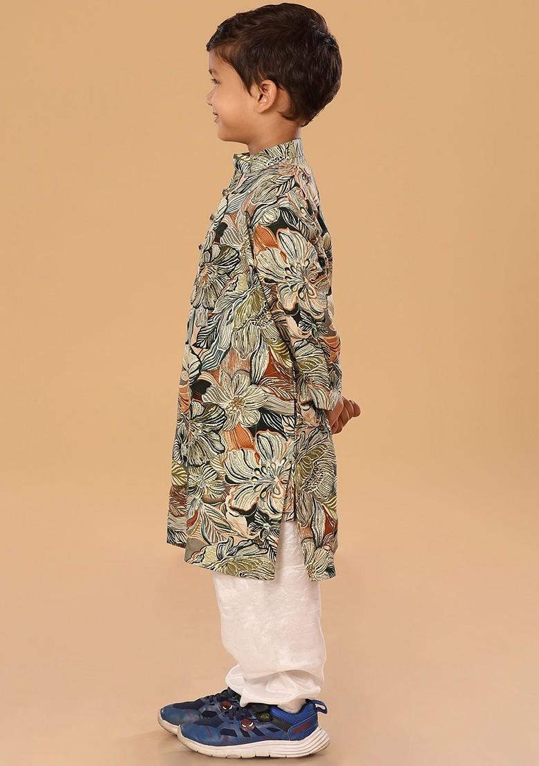 Green Floral Blended Kurta Set For Boys - Indya