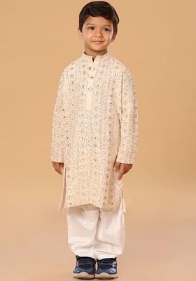 Peach Embroidered Blended Kurta Set For Boys