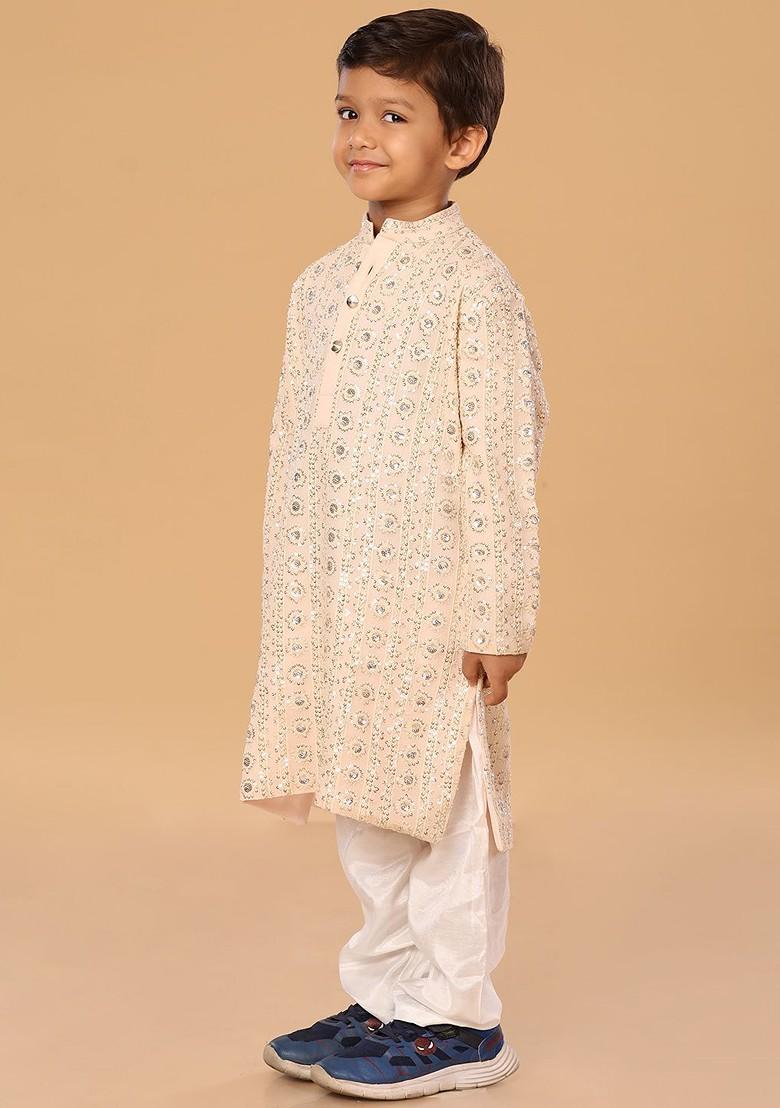 Peach Embroidered Blended Kurta Set For Boys - Indya