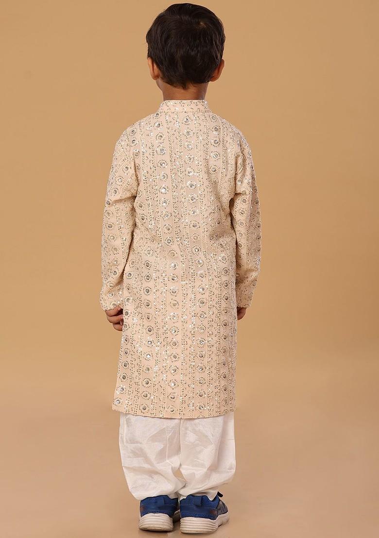 Peach Embroidered Blended Kurta Set For Boys - Indya