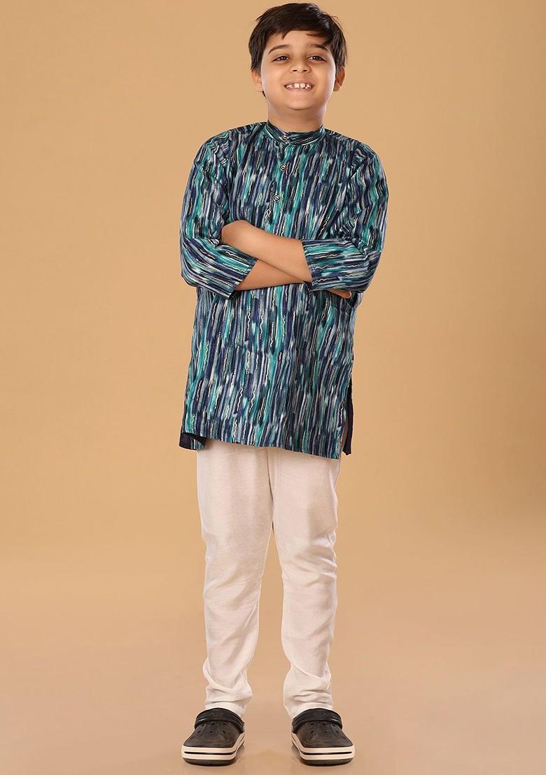 Blue Embroidered Blended Kurta Set For Boys - Indya