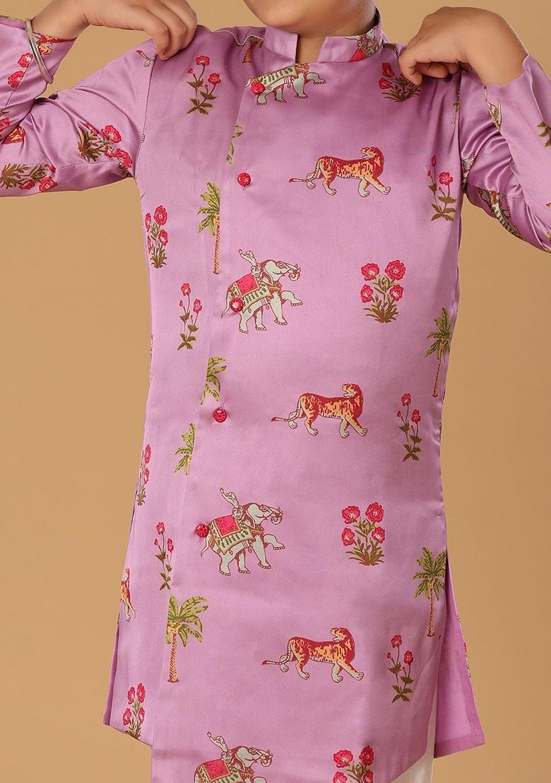 Purple Printed Blended Kurta Set For Boys - Indya