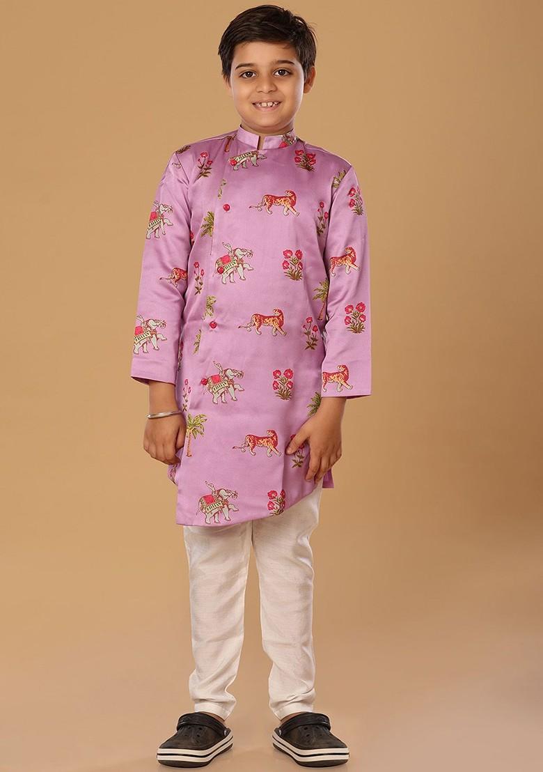 Purple Printed Blended Kurta Set For Boys - Indya