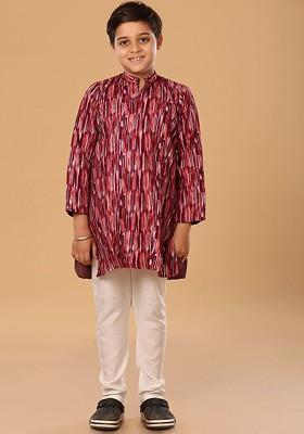 Maroon Embroidered Blended Kurta Set For Boys