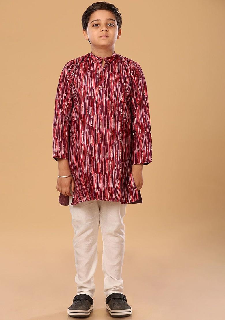 Maroon Embroidered Blended Kurta Set For Boys - Indya