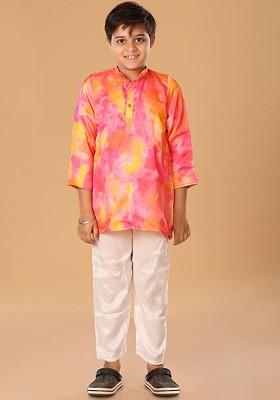 Pink Embroidered Blended Kurta Set For Boys