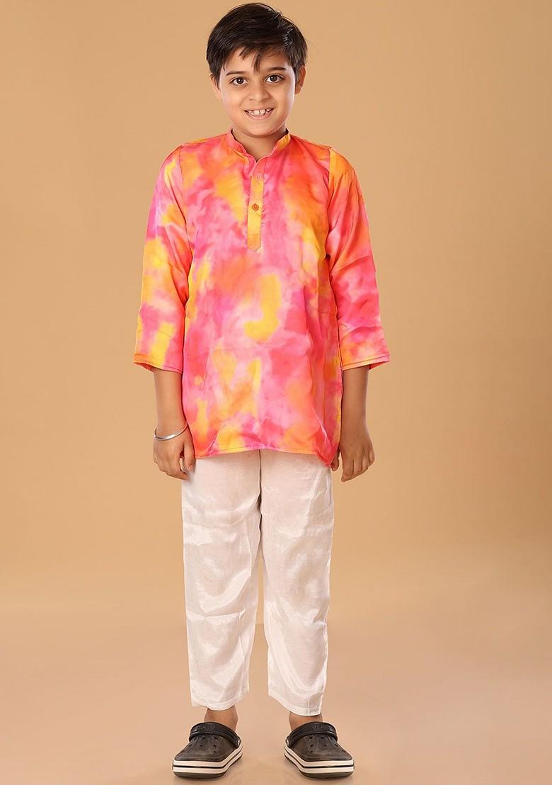 Pink Embroidered Blended Kurta Set For Boys - Indya