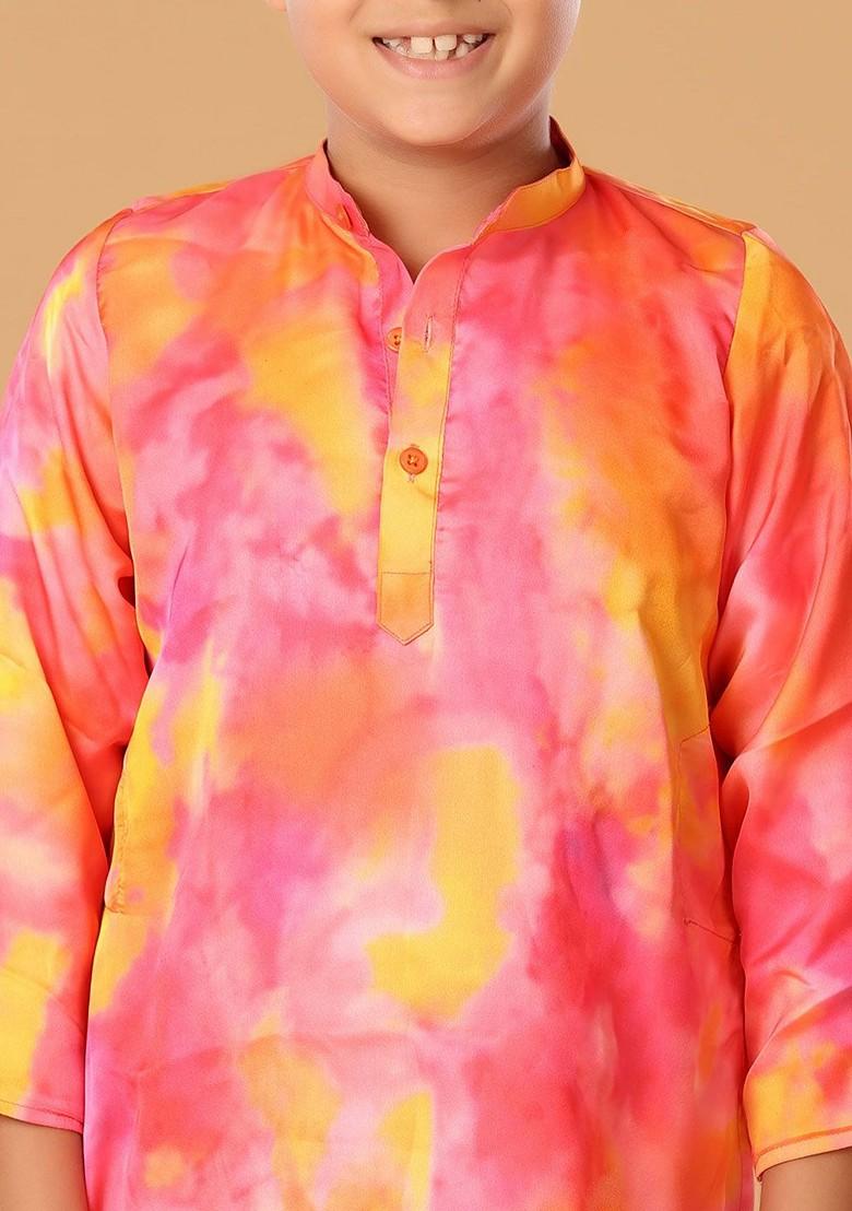 Pink Embroidered Blended Kurta Set For Boys - Indya