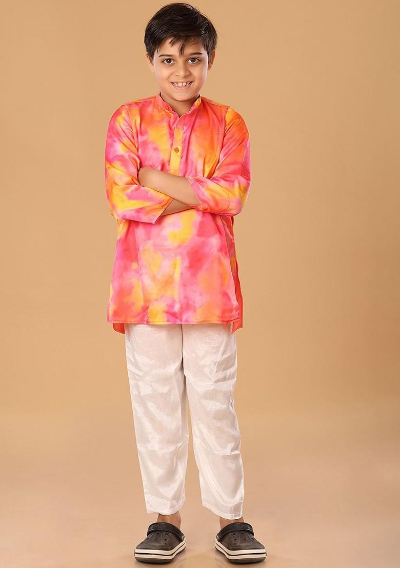 Pink Embroidered Blended Kurta Set For Boys - Indya