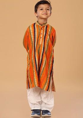 Orange Embroidered Blended Kurta Set For Boys