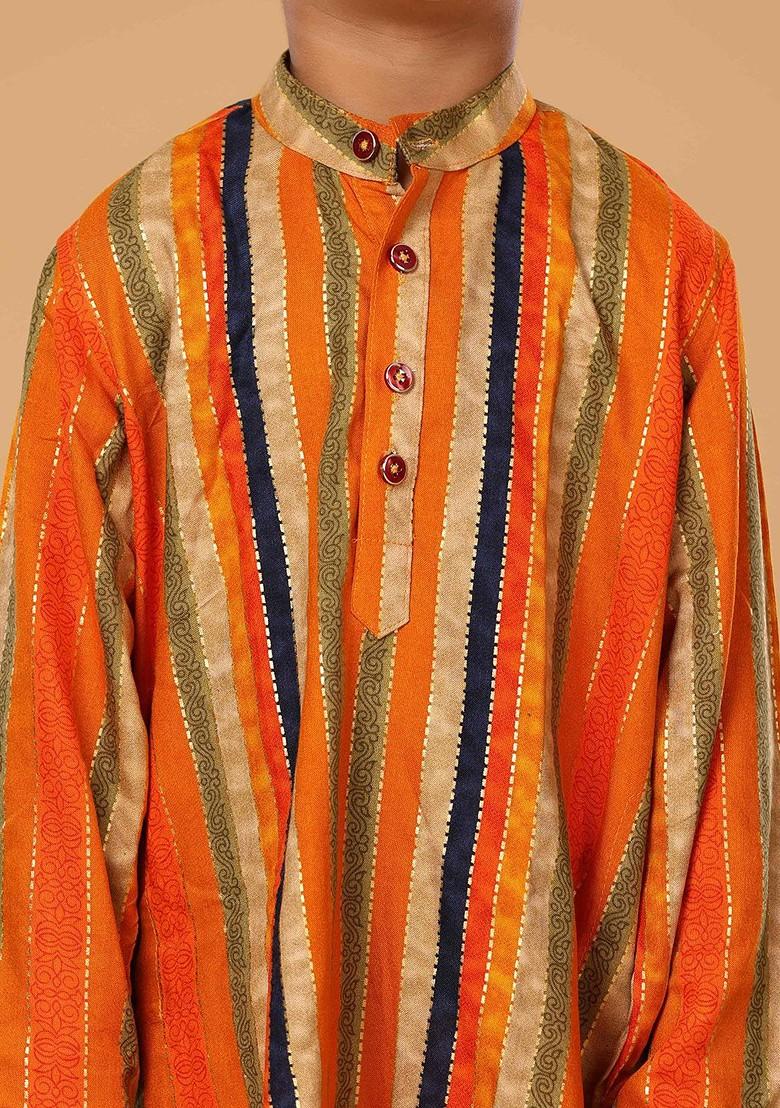 Orange Embroidered Blended Kurta Set For Boys - Indya