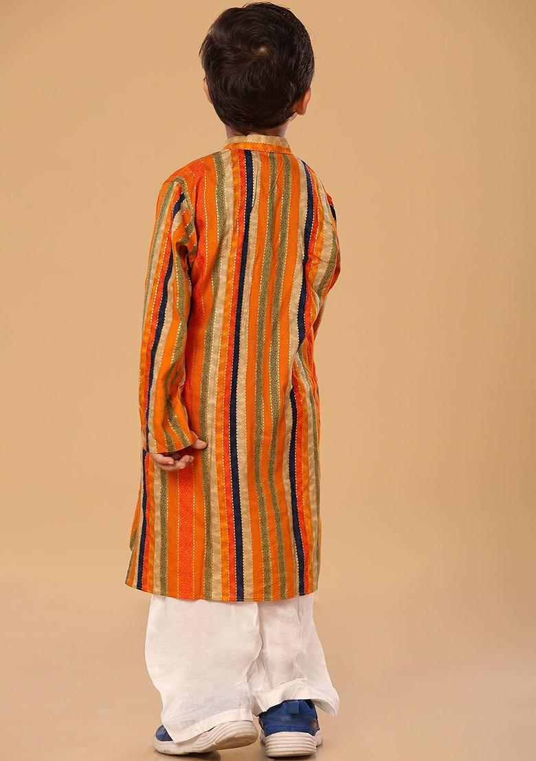 Orange Embroidered Blended Kurta Set For Boys - Indya