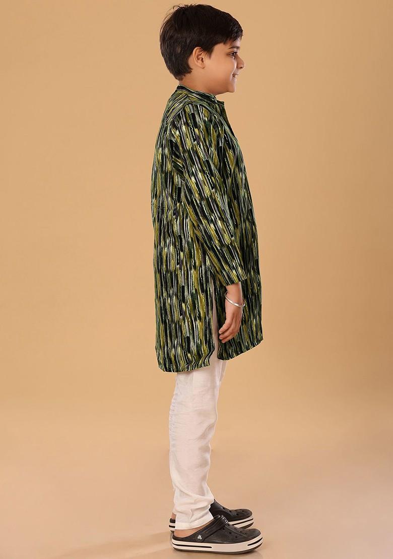 Green Embroidered Blended Kurta Set For Boys - Indya
