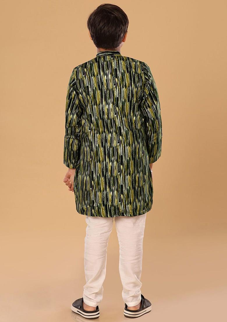 Green Embroidered Blended Kurta Set For Boys - Indya