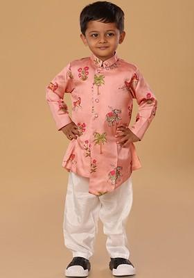 Pink Printed Blended Kurta Set For Boys