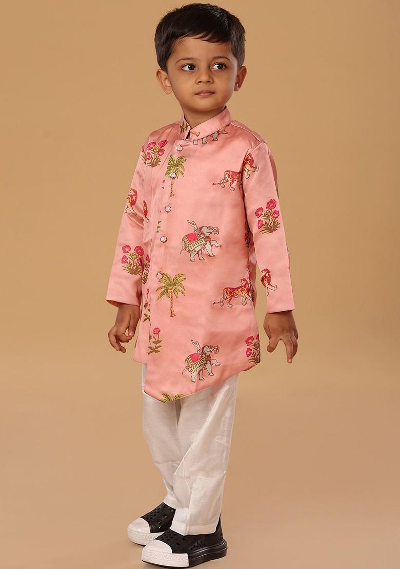 Pink Printed Blended Kurta Set For Boys - Indya