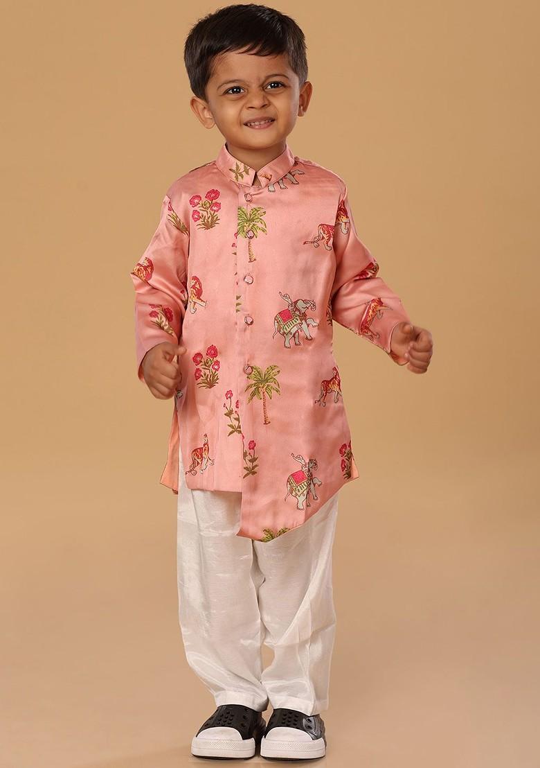 Pink Printed Blended Kurta Set For Boys - Indya