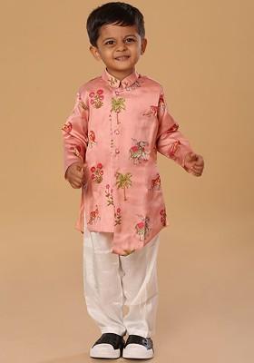 Pink Printed Blended Kurta Set For Boys